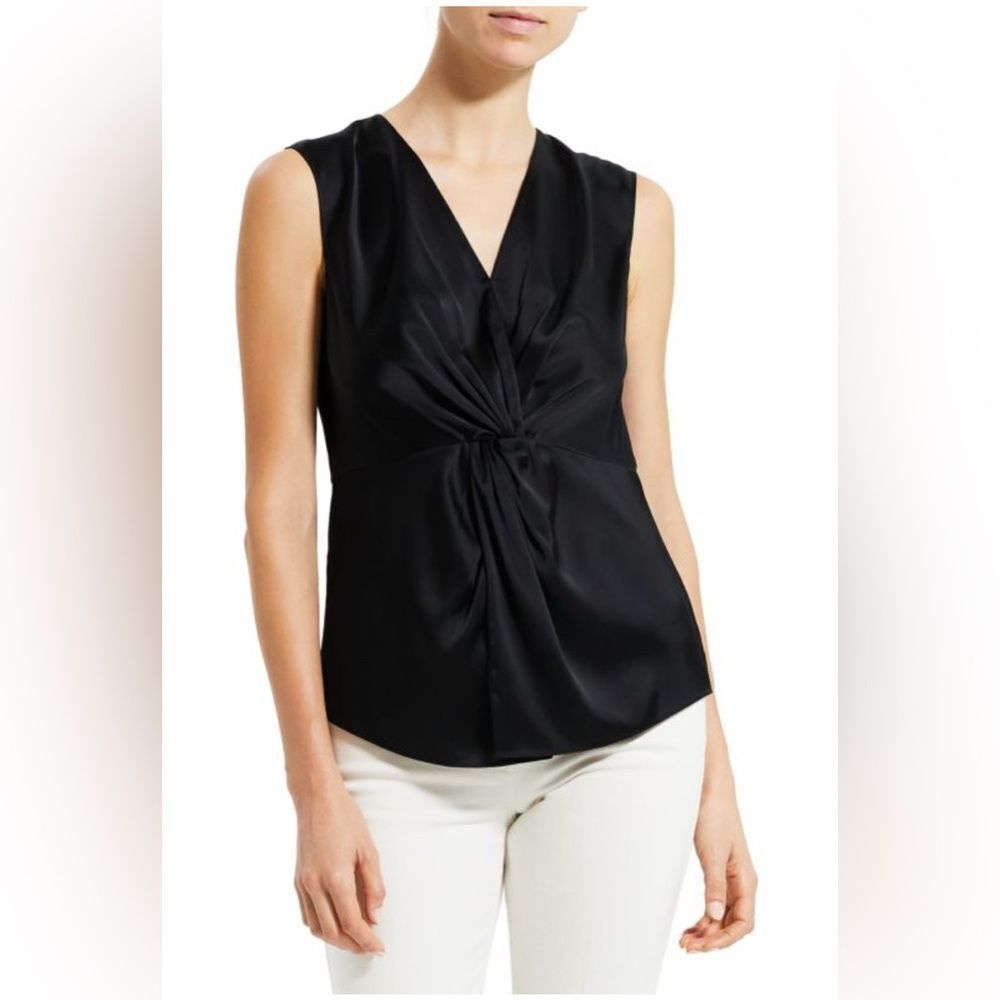 THEORY Twist Front Blouse in Soft Satin V-Neck Draped Sleeveless Top Rice